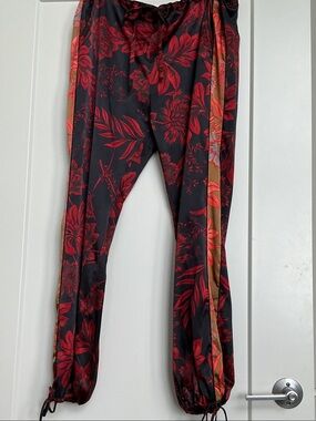 Johnny Was Black Red Floral Track Pants with Gold Side Stripe